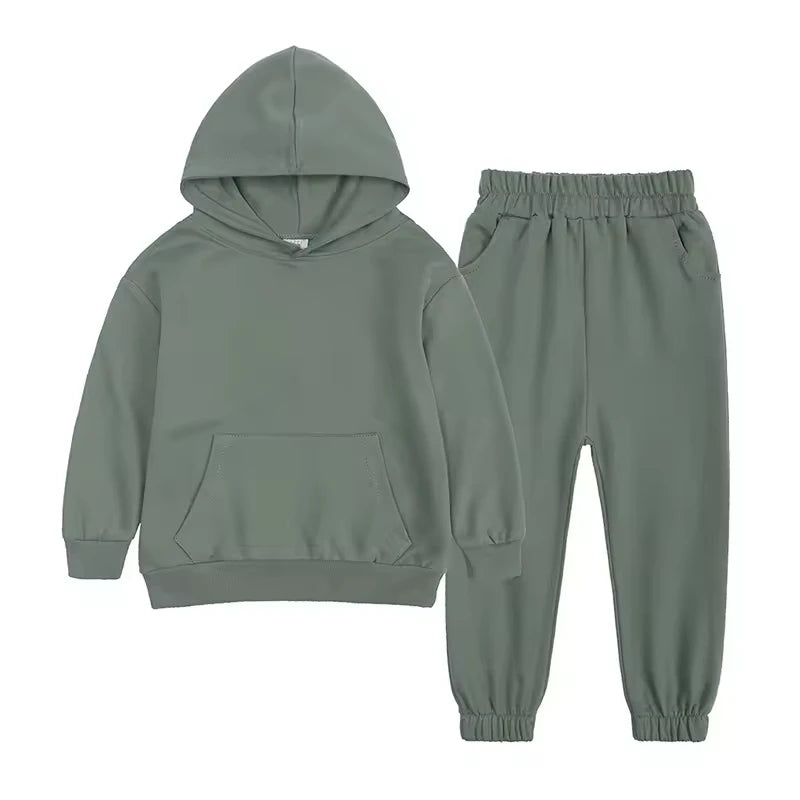 Wholesale Children's Casual Clothing Solid Cotton Sweat Suits Set Two-piece Hoodie Kids' Sweatpants and Hooded Top Pants Set