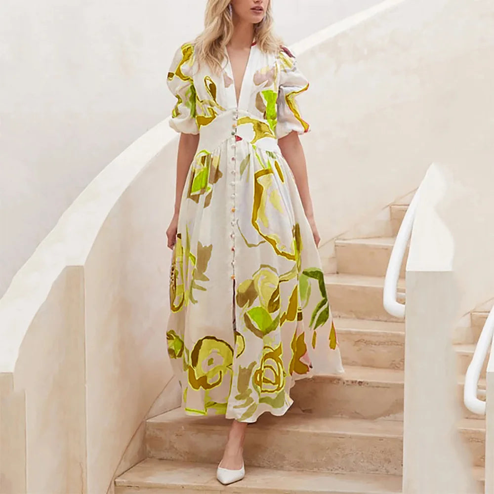 Elegant Large Swing Long Dress Short Sleeve Printing Chiffon Beach Dress Women Clothing