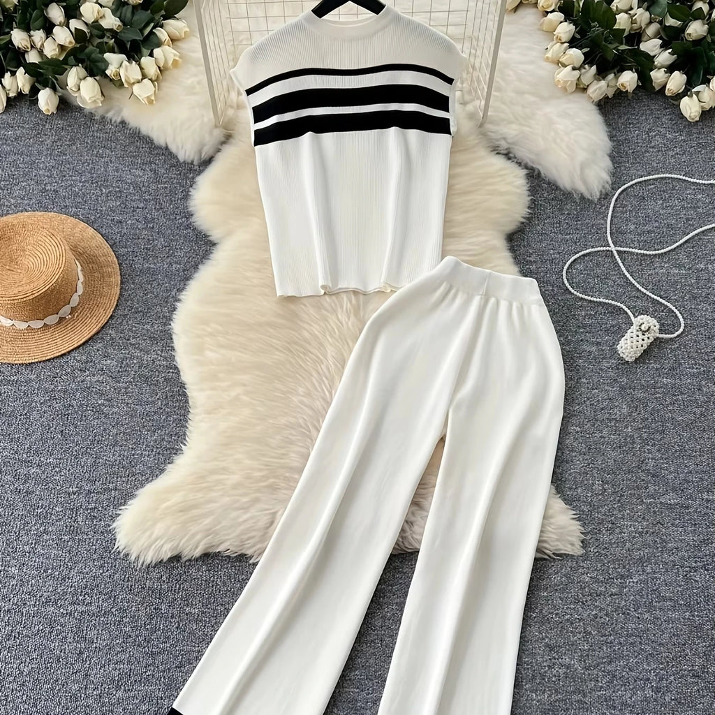 Spring Summer New Korean Version Breathable Elegant Fashion Striped Top Casual Wide-leg Pants Knitted Two-piece Women's Clothing