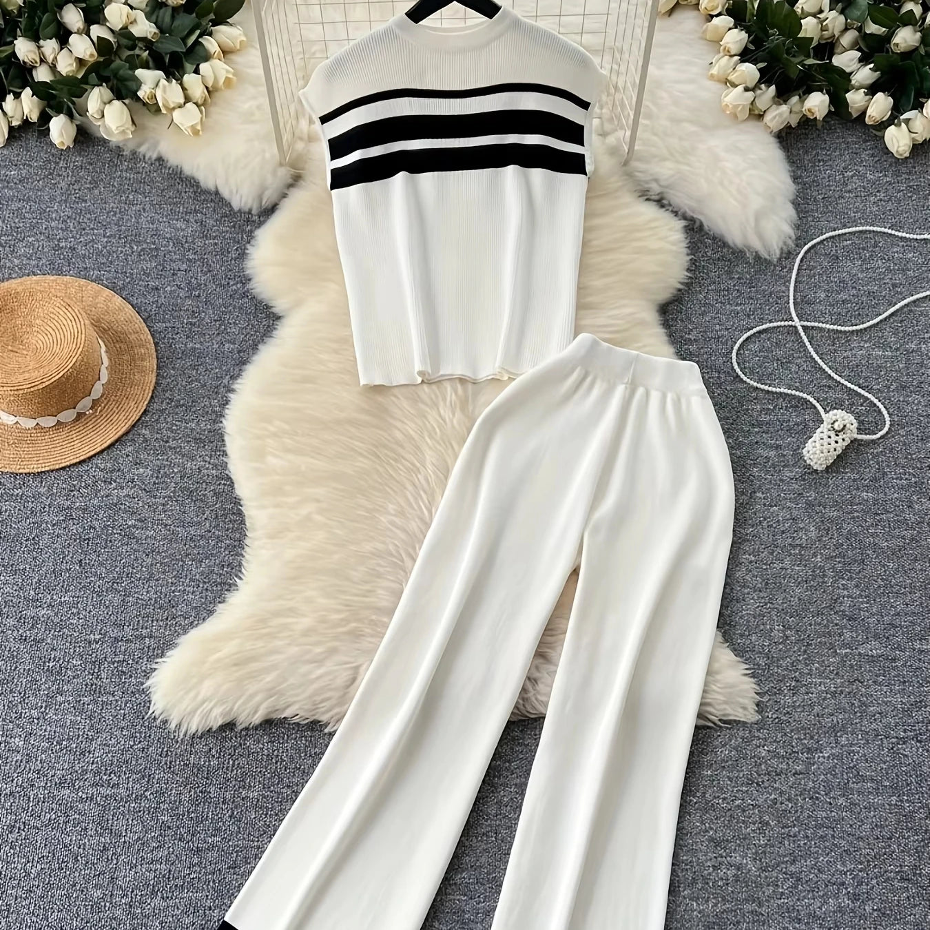 Spring Summer New Korean Version Breathable Elegant Fashion Striped Top Casual Wide-leg Pants Knitted Two-piece Women's Clothing