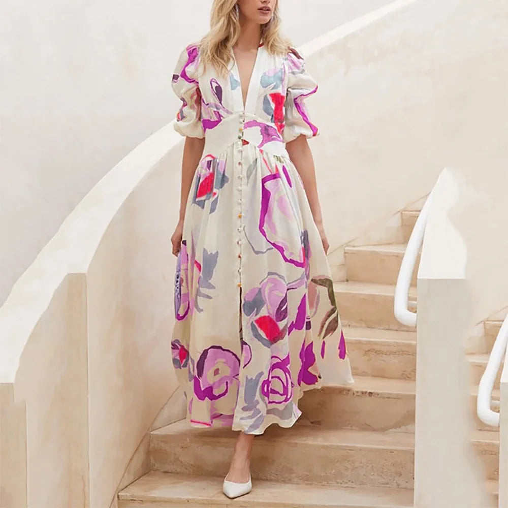 Elegant Large Swing Long Dress Short Sleeve Printing Chiffon Beach Dress Women Clothing