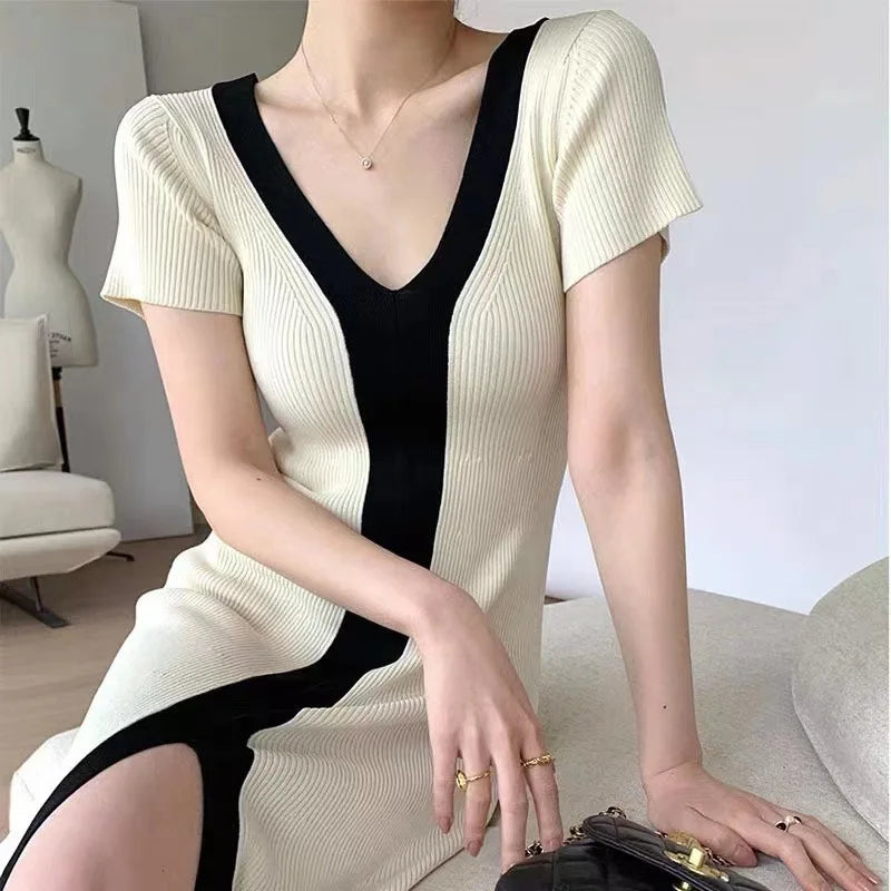 Fashion Design Dresses V Neck Short Sleeve Forked Contrast Color Summer Knit Dress Female Slim Vintage Elegant Women's Clothing