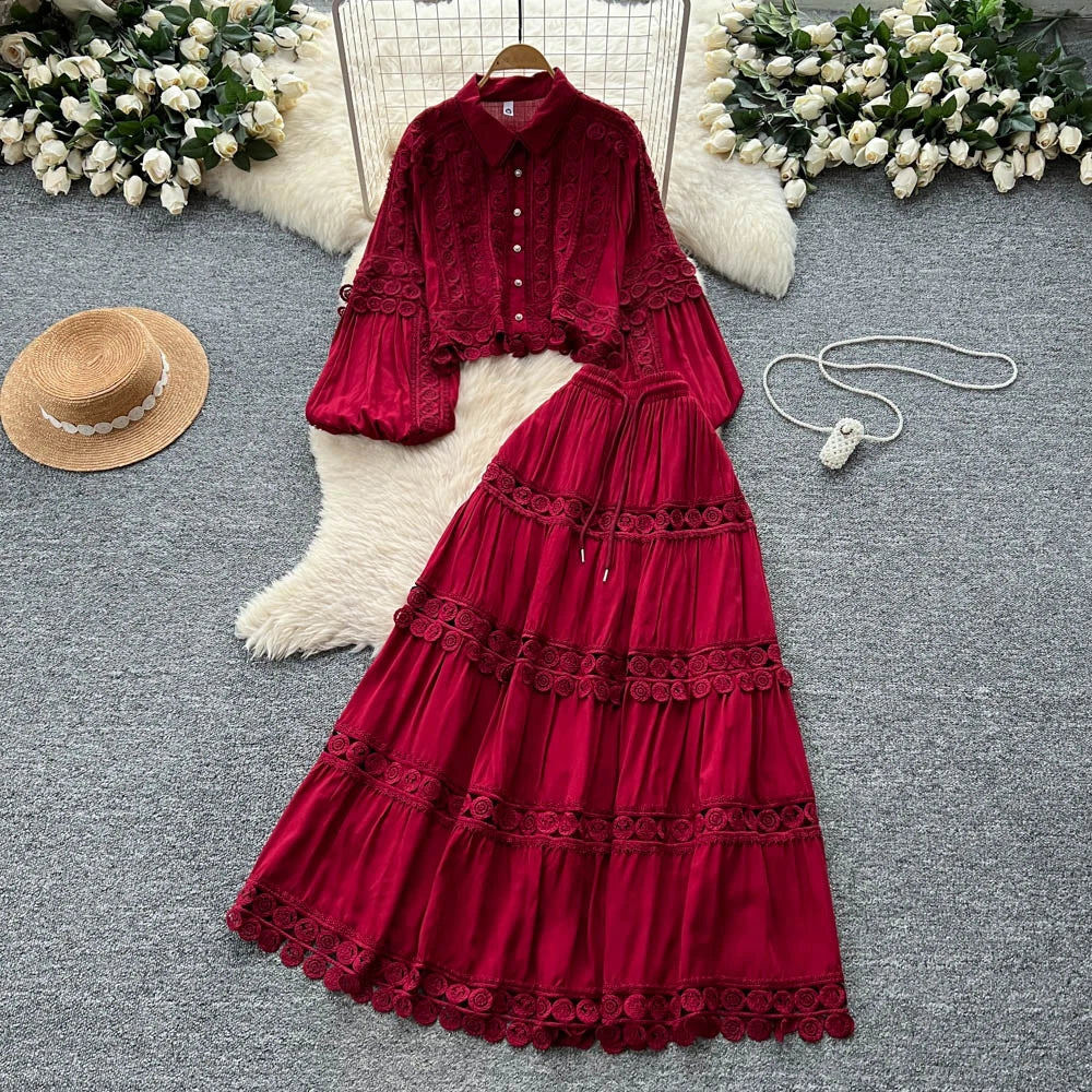 Fall Women's Vintage Sets Lantern Sleeve Crop Top And High Waist Patchwork Lace Skirts Set Clothing Wholesale