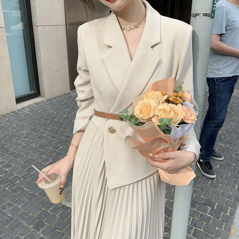 OUDINA French Women's Clothing Elegant Plus Size Casual Pleated With Belt Long Dresses Blazer Dress for Women