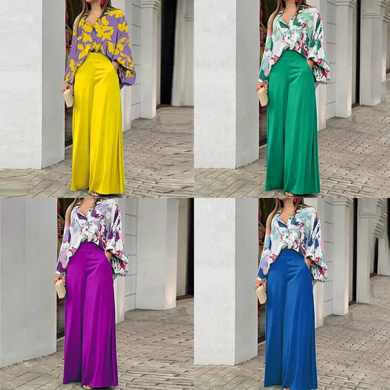 Women's Clothing Printed Casual Loose Batwing Sleeve Lapel Shirt and High Waisted Wide Leg Pants Two Piece Set Women's Sets