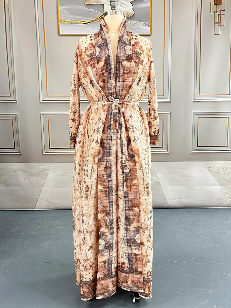 Large-size Luxury and Dignified Miyake Pleated Floral Abaya Trench Coat, Ramadan Clothing for Middle Eastern Women in Dubai