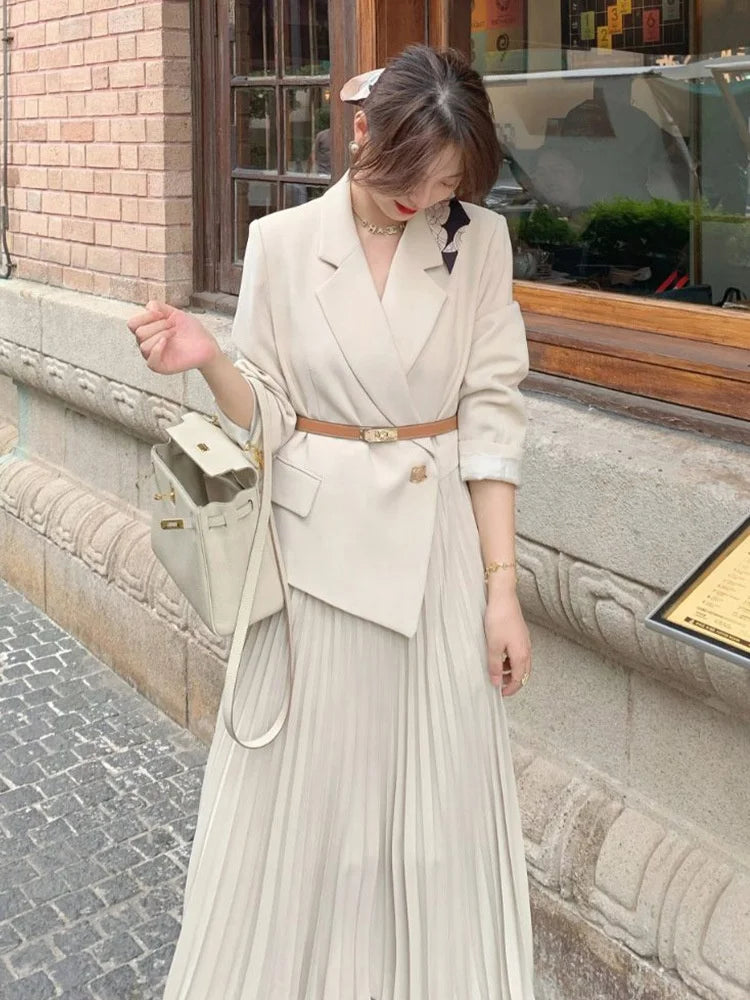 OUDINA French Women's Clothing Elegant Plus Size Casual Pleated With Belt Long Dresses Blazer Dress for Women