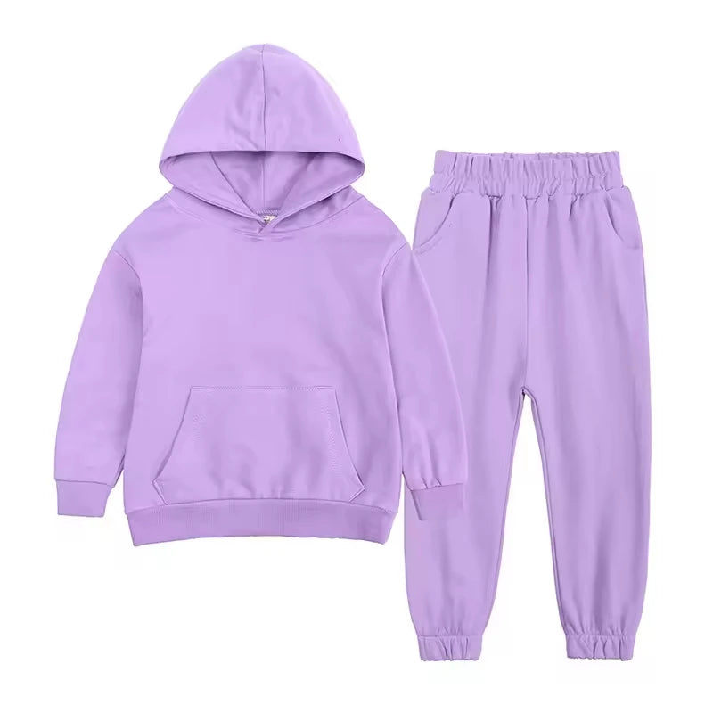 Wholesale Children's Casual Clothing Solid Cotton Sweat Suits Set Two-piece Hoodie Kids' Sweatpants and Hooded Top Pants Set