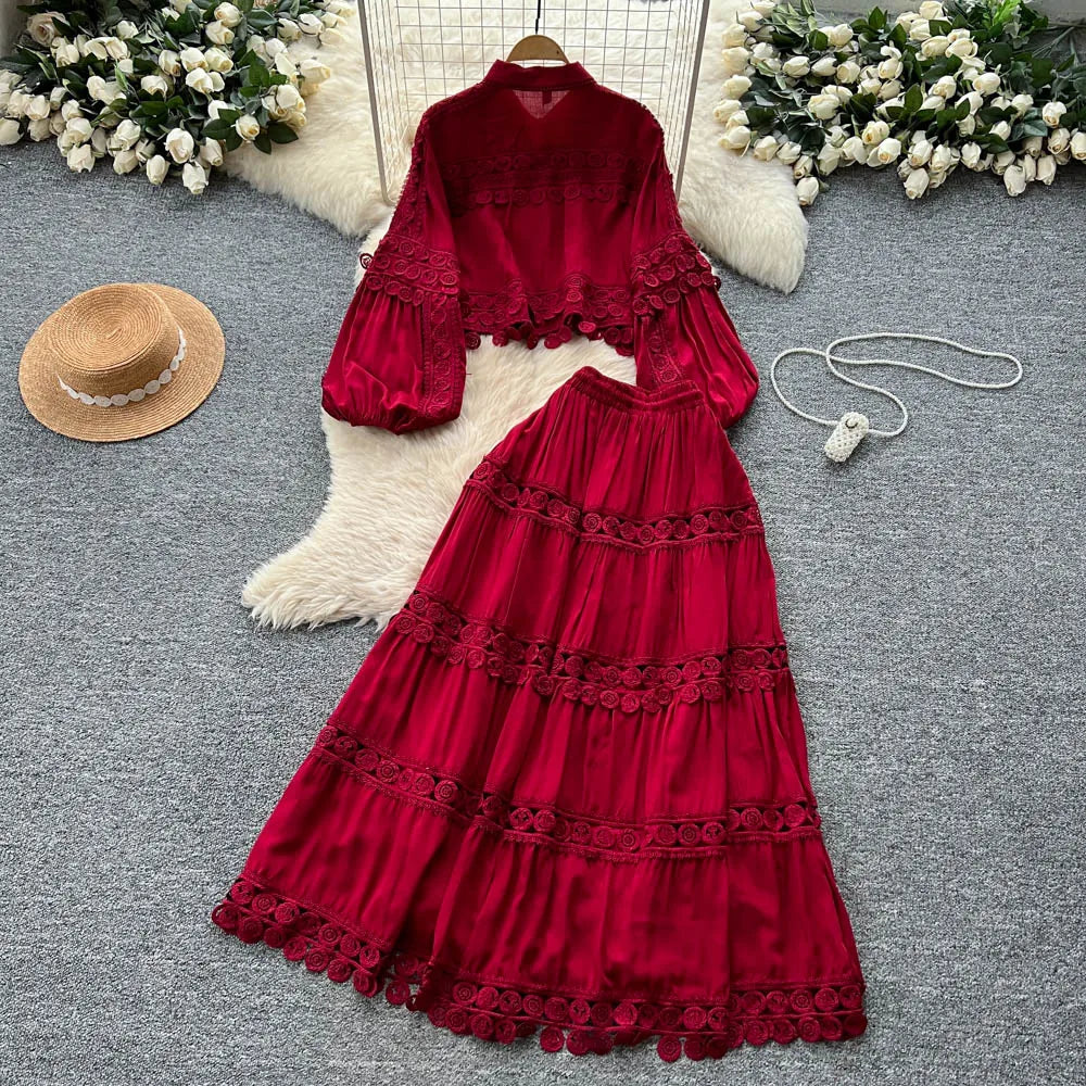 Fall Women's Vintage Sets Lantern Sleeve Crop Top And High Waist Patchwork Lace Skirts Set Clothing Wholesale