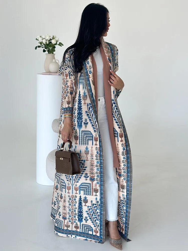 Large-size Luxury and Dignified Miyake Pleated Floral Abaya Trench Coat, Ramadan Clothing for Middle Eastern Women in Dubai