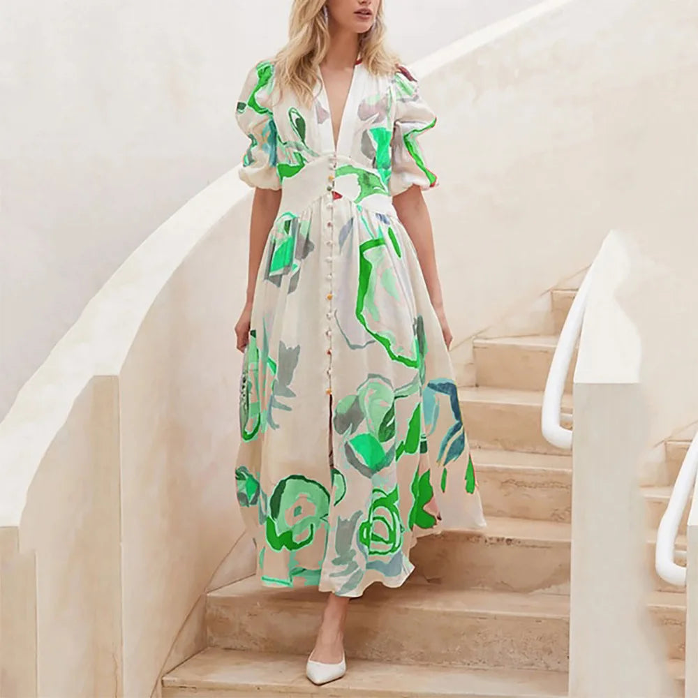 Elegant Large Swing Long Dress Short Sleeve Printing Chiffon Beach Dress Women Clothing