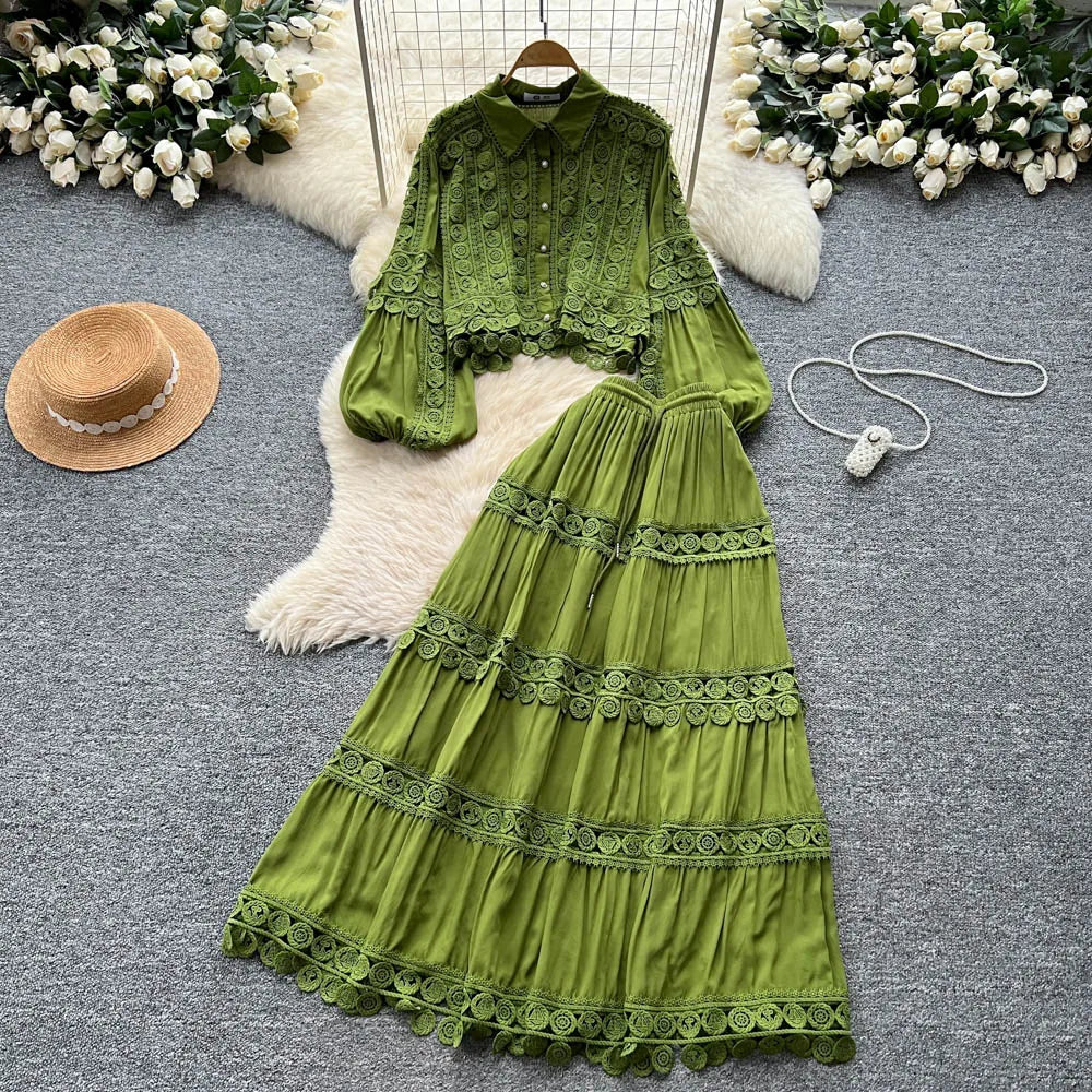 Fall Women's Vintage Sets Lantern Sleeve Crop Top And High Waist Patchwork Lace Skirts Set Clothing Wholesale