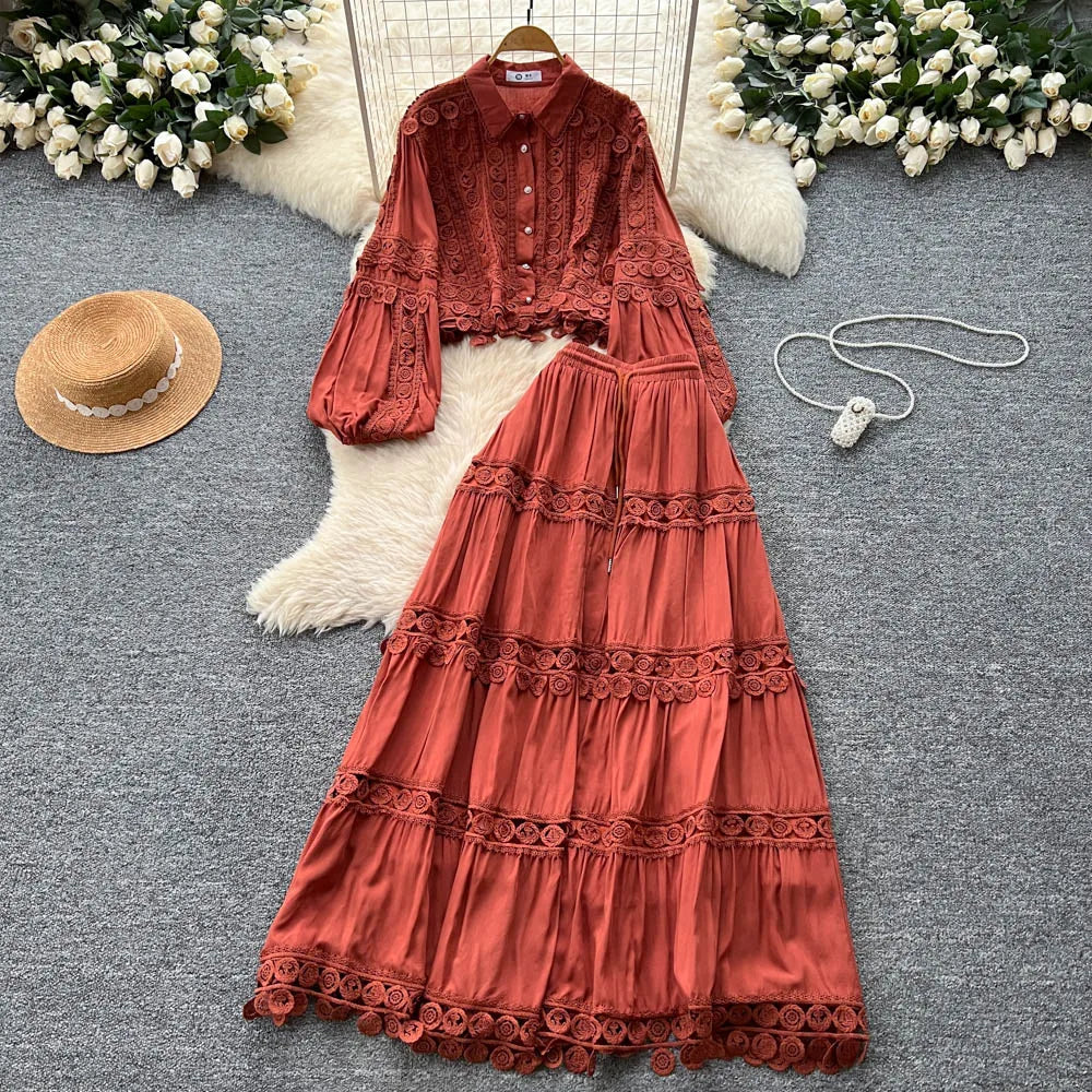 Fall Women's Vintage Sets Lantern Sleeve Crop Top And High Waist Patchwork Lace Skirts Set Clothing Wholesale