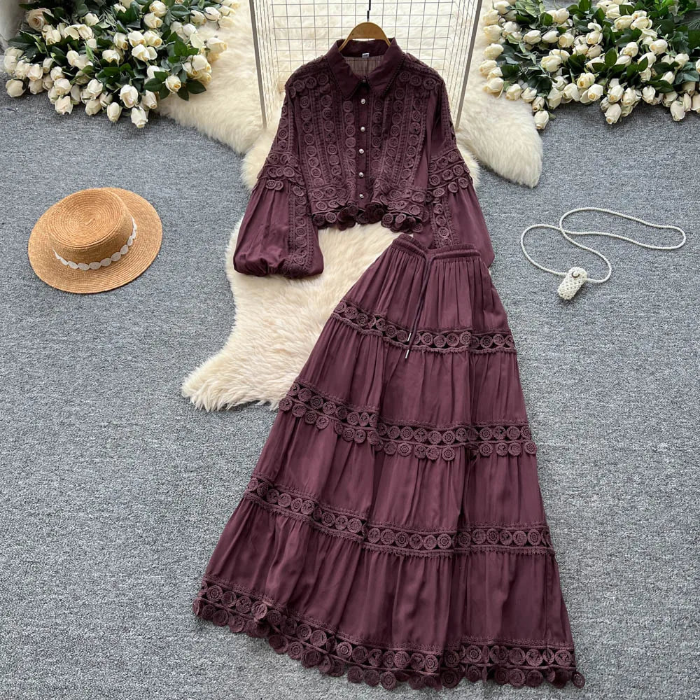 Fall Women's Vintage Sets Lantern Sleeve Crop Top And High Waist Patchwork Lace Skirts Set Clothing Wholesale