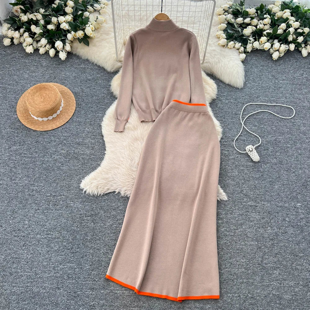 Winter Women's Casual Sets Top And High Waist Floral Printed Knitted Skirts Suit Clothing Wholesale