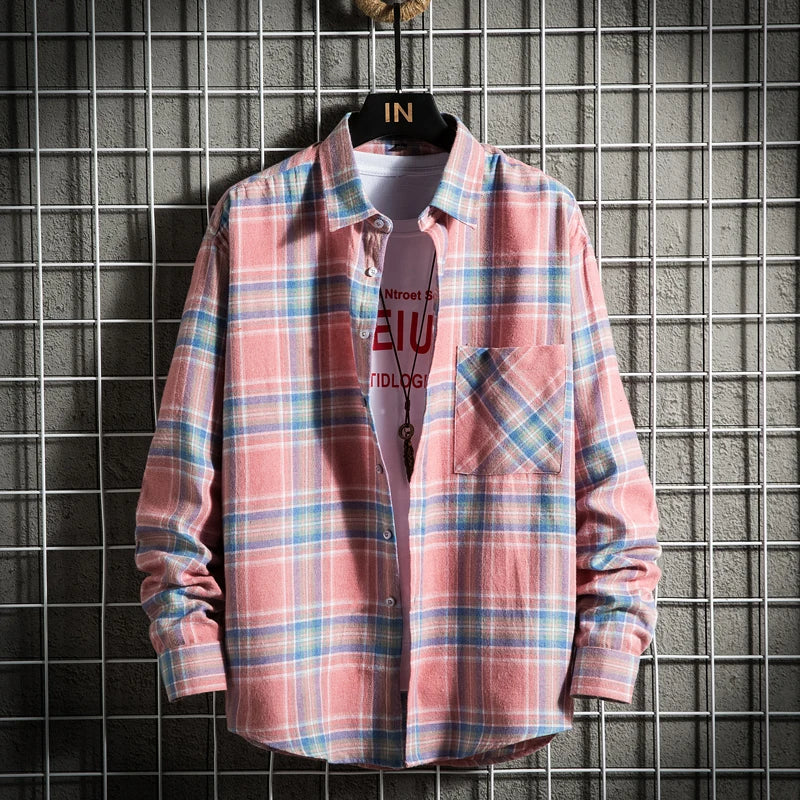 Men's Clothing Fashion Cotton Shirts Single Pocket Long Sleeve Youthful Soft Casual Plaid Checkered Top Male Shirts  for men