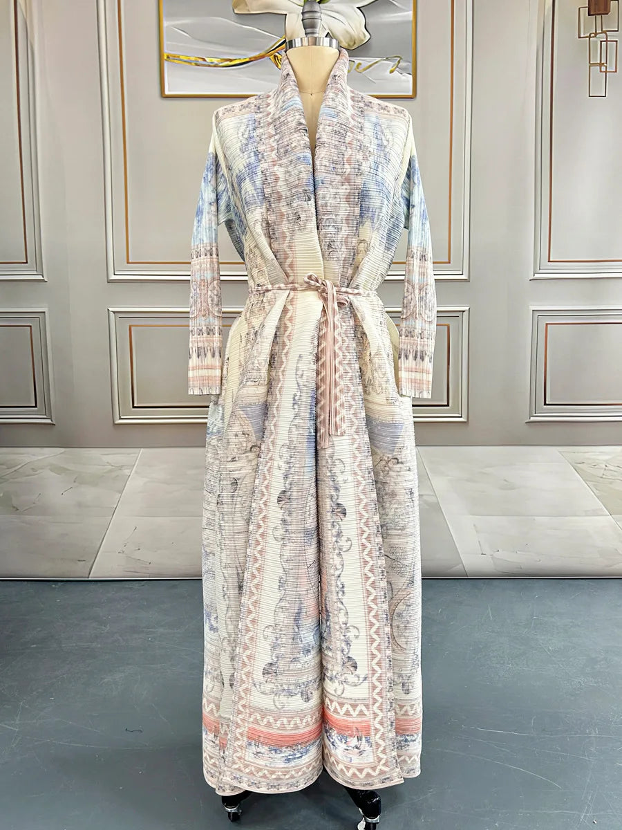 Large-size Luxury and Dignified Miyake Pleated Floral Abaya Trench Coat, Ramadan Clothing for Middle Eastern Women in Dubai