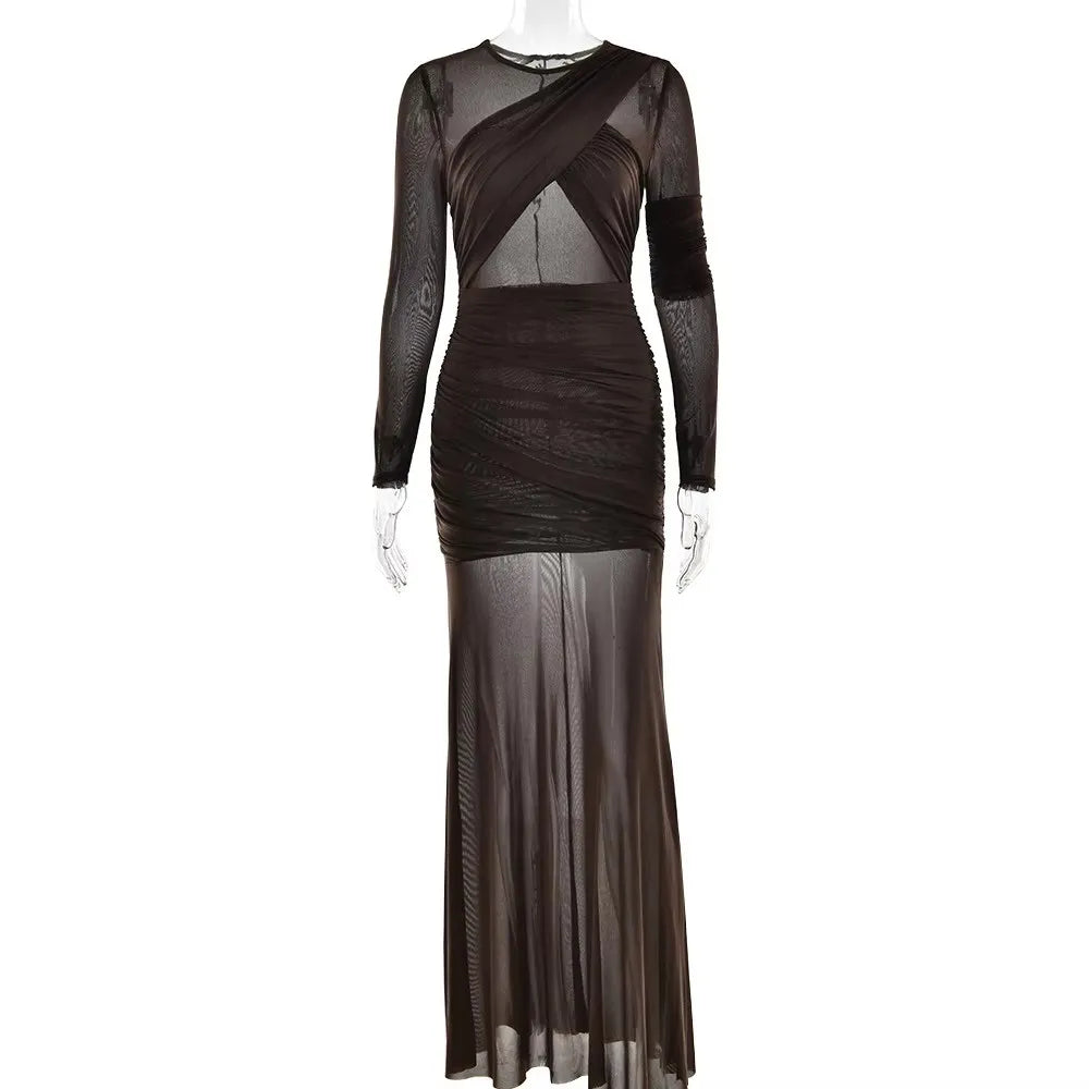 Sexy Double Layer Perspective Vestido Autumn Clothing Party Club Evening Dress Elegant Mesh Patchwork Long Sleeve Bodycon