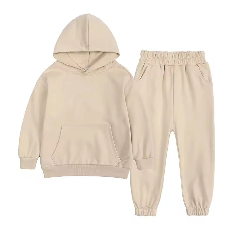 Wholesale Children's Casual Clothing Solid Cotton Sweat Suits Set Two-piece Hoodie Kids' Sweatpants and Hooded Top Pants Set