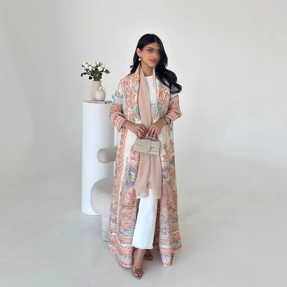 Large-size Luxury and Dignified Miyake Pleated Floral Abaya Trench Coat, Ramadan Clothing for Middle Eastern Women in Dubai