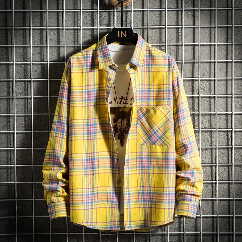 Men's Clothing Fashion Cotton Shirts Single Pocket Long Sleeve Youthful Soft Casual Plaid Checkered Top Male Shirts  for men