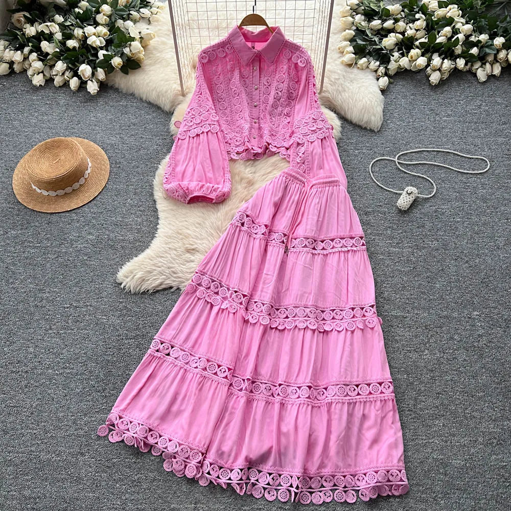 Fall Women's Vintage Sets Lantern Sleeve Crop Top And High Waist Patchwork Lace Skirts Set Clothing Wholesale