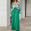 Women's Clothing Printed Casual Loose Batwing Sleeve Lapel Shirt and High Waisted Wide Leg Pants Two Piece Set Women's Sets
