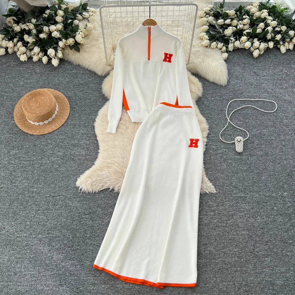 Winter Women's Casual Sets Top And High Waist Floral Printed Knitted Skirts Suit Clothing Wholesale
