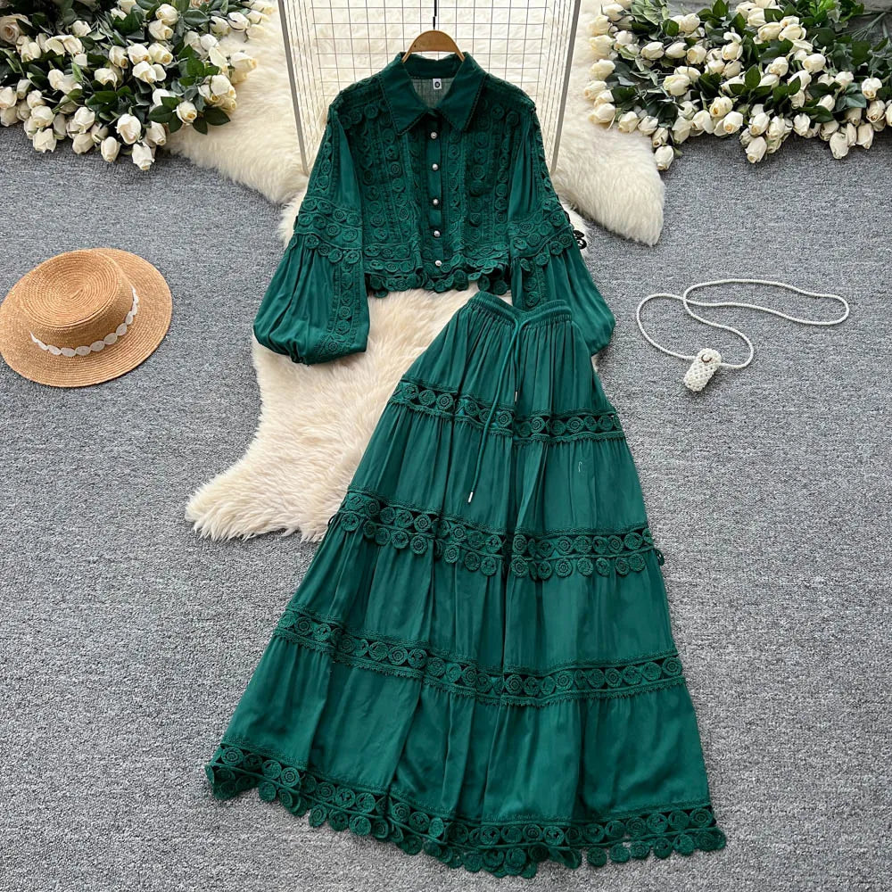Fall Women's Vintage Sets Lantern Sleeve Crop Top And High Waist Patchwork Lace Skirts Set Clothing Wholesale