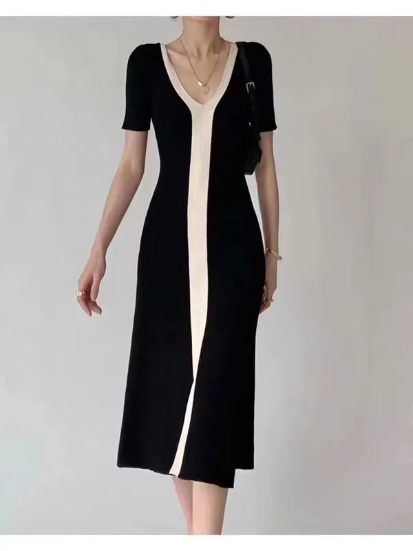 Fashion Design Dresses V Neck Short Sleeve Forked Contrast Color Summer Knit Dress Female Slim Vintage Elegant Women's Clothing