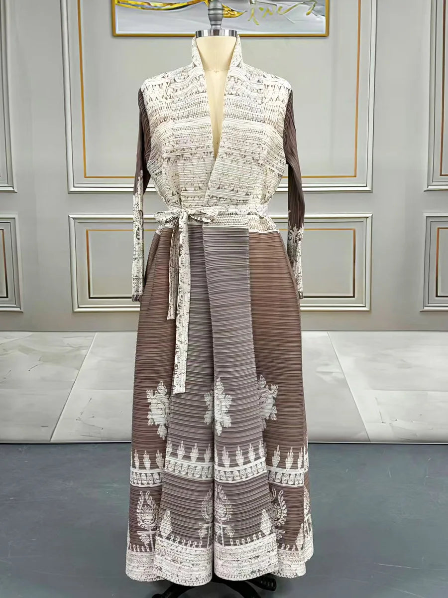 Large-size Luxury and Dignified Miyake Pleated Floral Abaya Trench Coat, Ramadan Clothing for Middle Eastern Women in Dubai