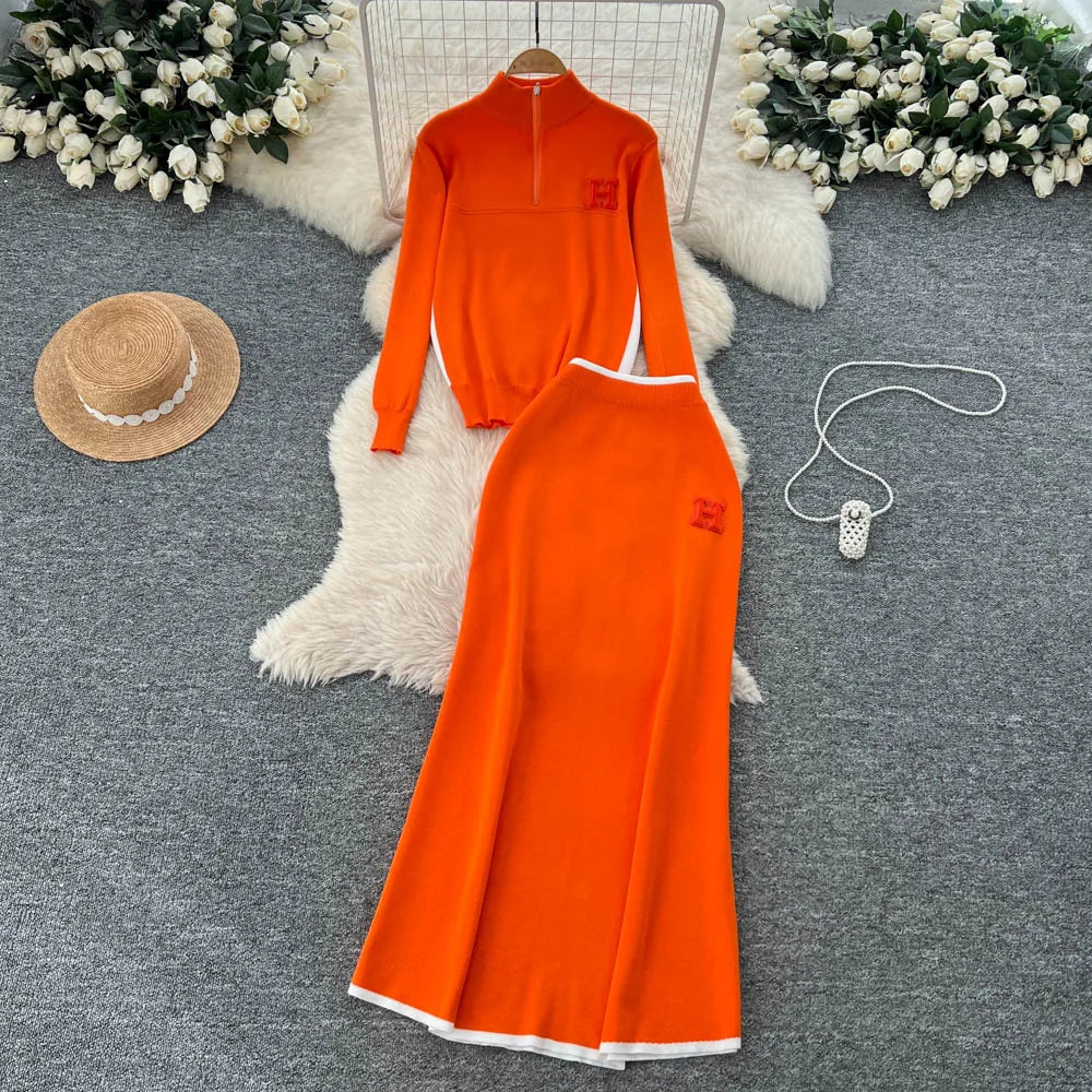 Winter Women's Casual Sets Top And High Waist Floral Printed Knitted Skirts Suit Clothing Wholesale