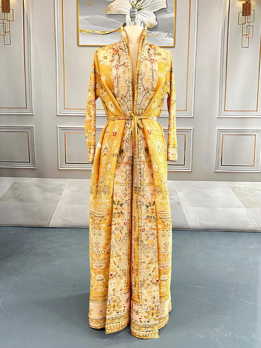 Large-size Luxury and Dignified Miyake Pleated Floral Abaya Trench Coat, Ramadan Clothing for Middle Eastern Women in Dubai