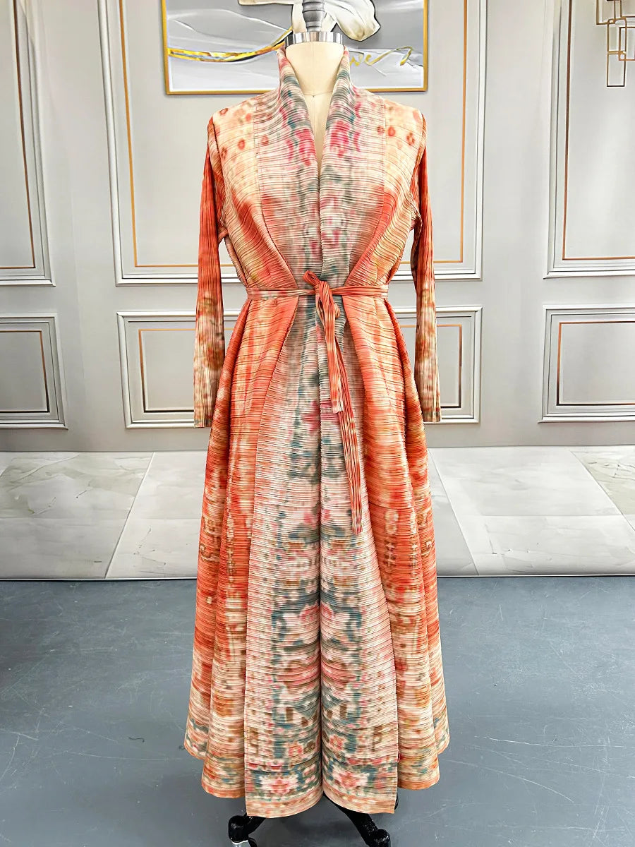 Large-size Luxury and Dignified Miyake Pleated Floral Abaya Trench Coat, Ramadan Clothing for Middle Eastern Women in Dubai