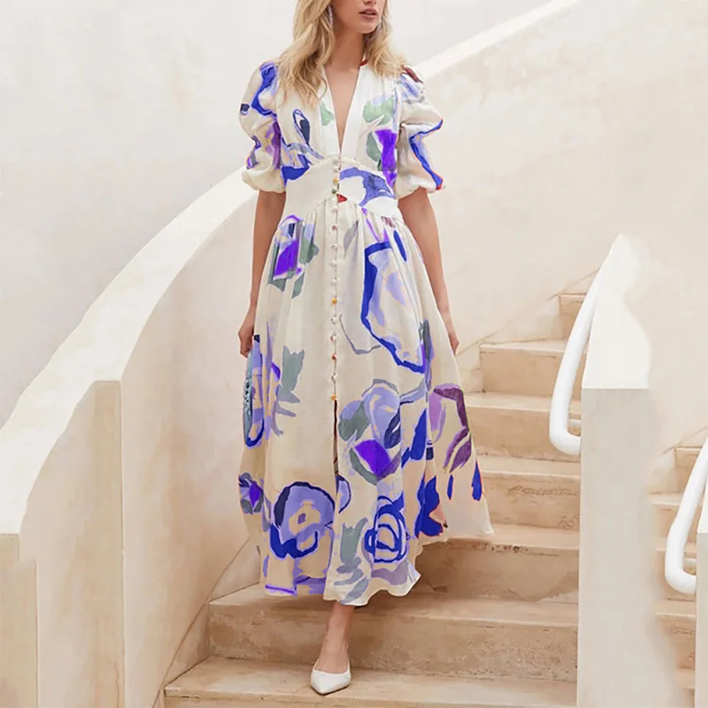 Elegant Large Swing Long Dress Short Sleeve Printing Chiffon Beach Dress Women Clothing