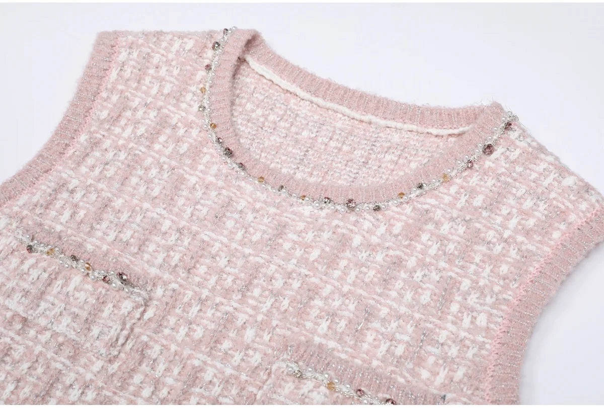 AIMEISI Fashion Simple Beaded Knitted Cardigan Sleeveless Dress Women's Clothing Set Elegant Two Piece Women's Sets