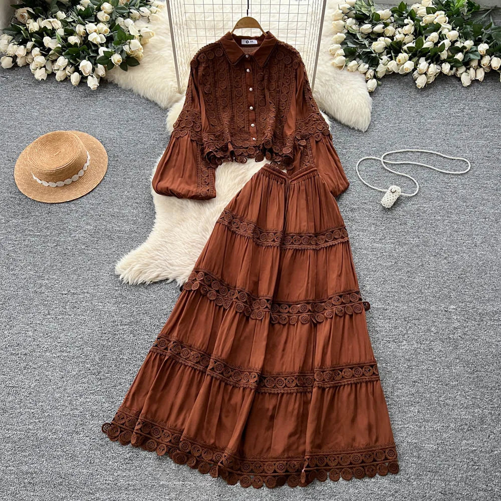 Fall Women's Vintage Sets Lantern Sleeve Crop Top And High Waist Patchwork Lace Skirts Set Clothing Wholesale