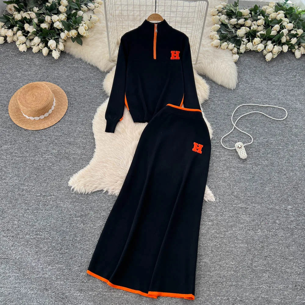 Winter Women's Casual Sets Top And High Waist Floral Printed Knitted Skirts Suit Clothing Wholesale