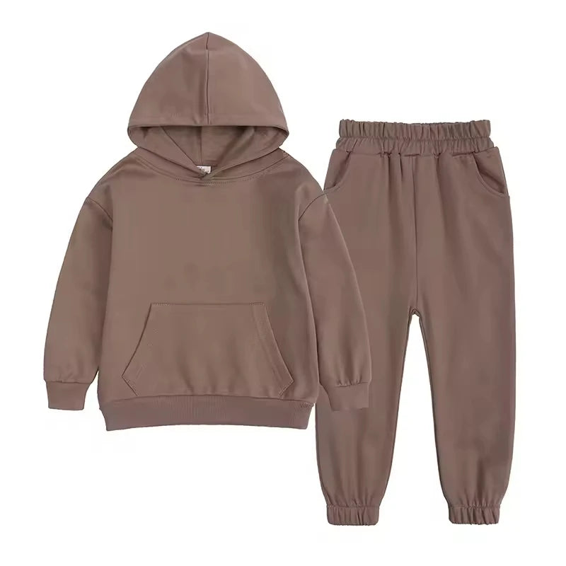 Wholesale Children's Casual Clothing Solid Cotton Sweat Suits Set Two-piece Hoodie Kids' Sweatpants and Hooded Top Pants Set