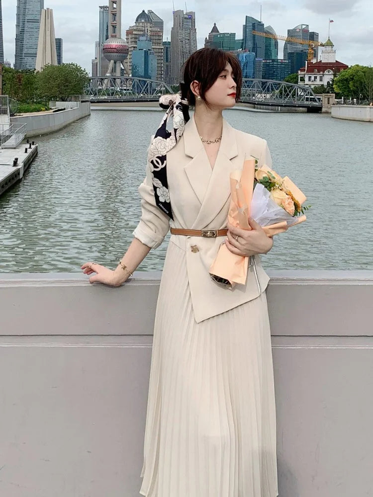 OUDINA French Women's Clothing Elegant Plus Size Casual Pleated With Belt Long Dresses Blazer Dress for Women