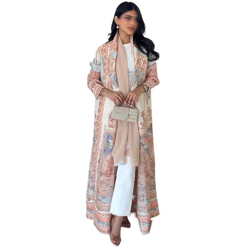 Large-size Luxury and Dignified Miyake Pleated Floral Abaya Trench Coat, Ramadan Clothing for Middle Eastern Women in Dubai