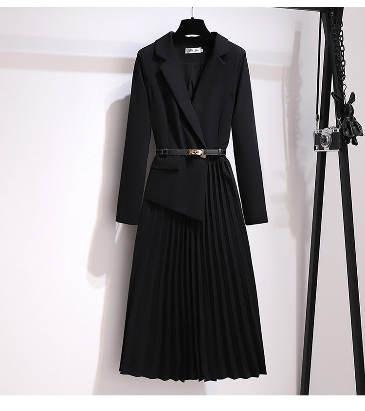 OUDINA French Women's Clothing Elegant Plus Size Casual Pleated With Belt Long Dresses Blazer Dress for Women