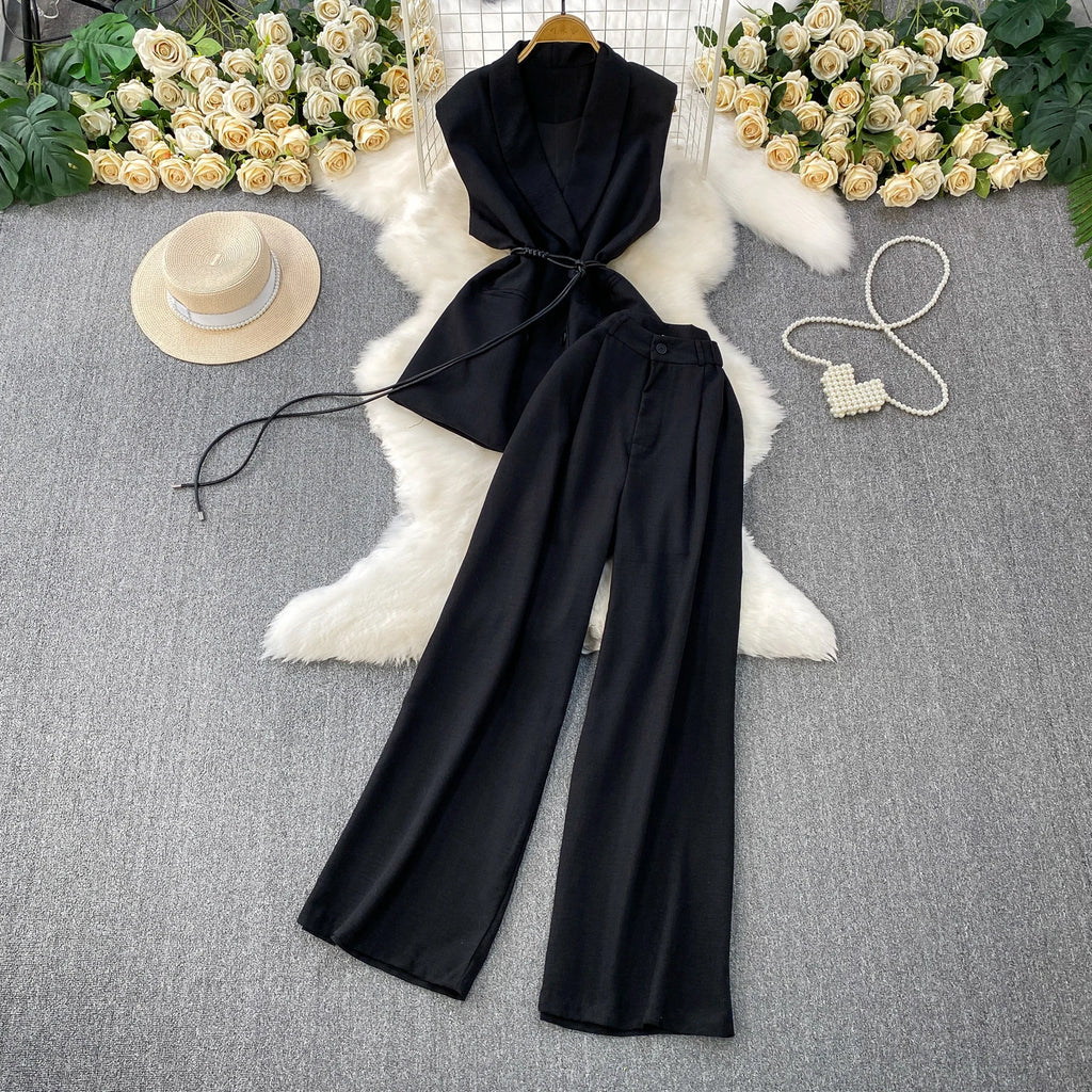 Casual 2 Piece Set for Women V-Neck Sleeveless Tunic Top And High Waist Slim Suit Clothing Wholesale
