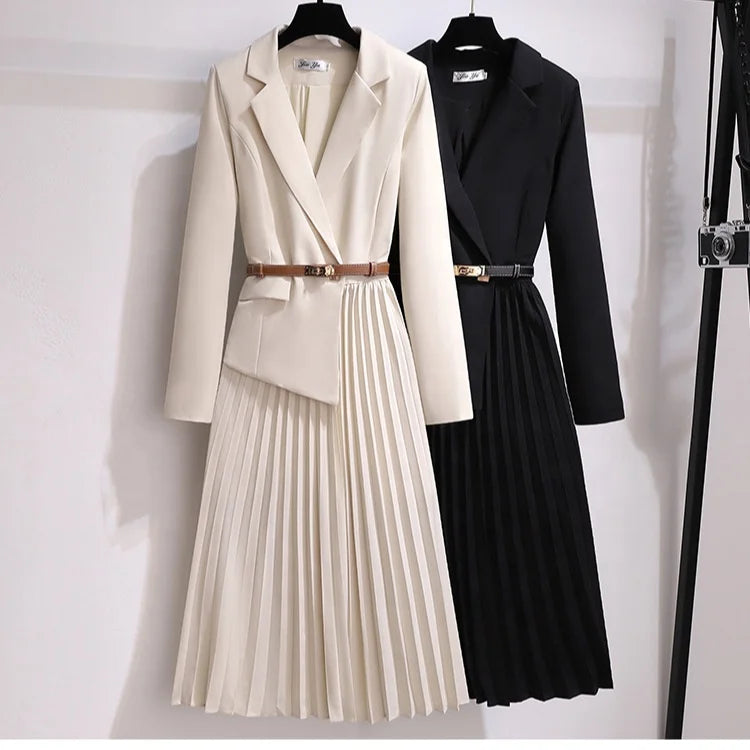OUDINA French Women's Clothing Elegant Plus Size Casual Pleated With Belt Long Dresses Blazer Dress for Women
