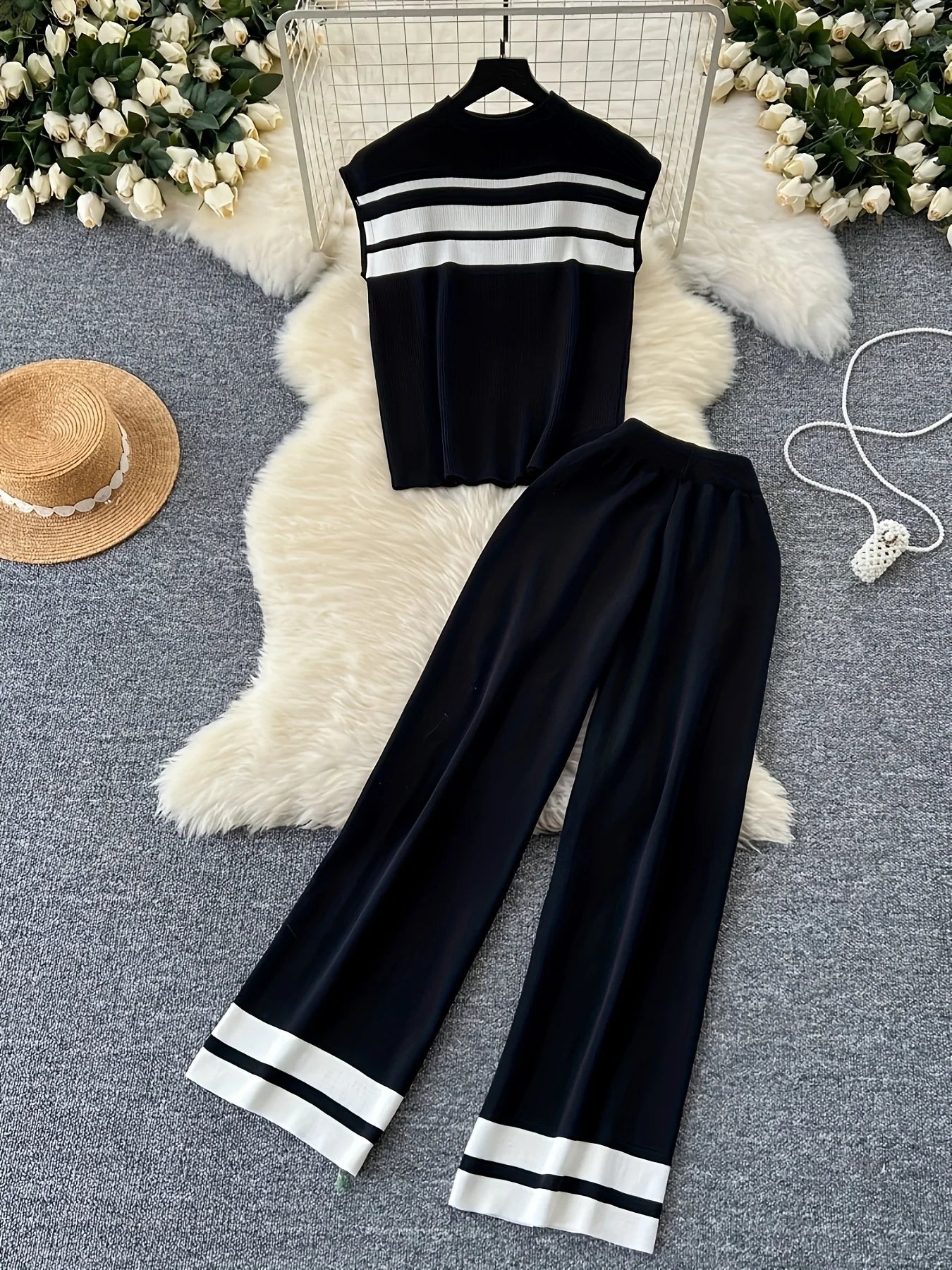 Spring Summer New Korean Version Breathable Elegant Fashion Striped Top Casual Wide-leg Pants Knitted Two-piece Women's Clothing