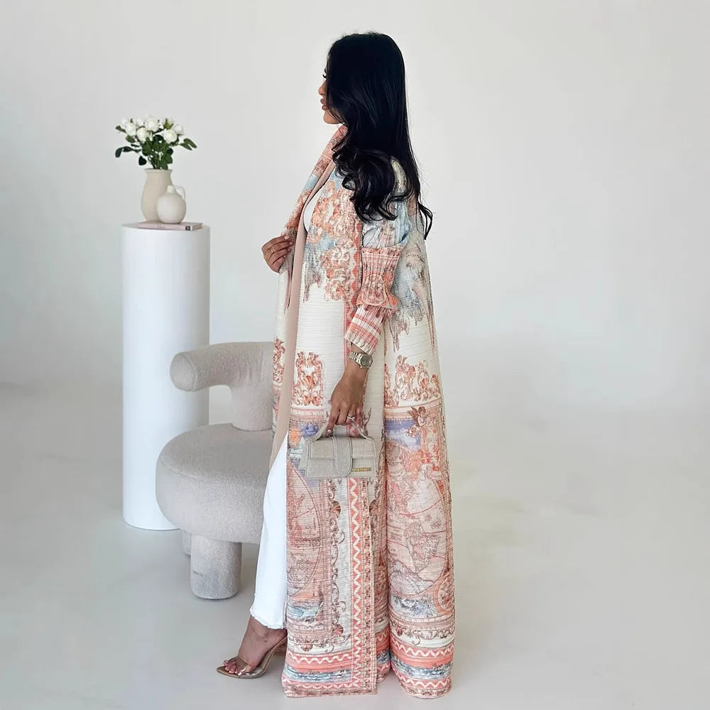 Large-size Luxury and Dignified Miyake Pleated Floral Abaya Trench Coat, Ramadan Clothing for Middle Eastern Women in Dubai