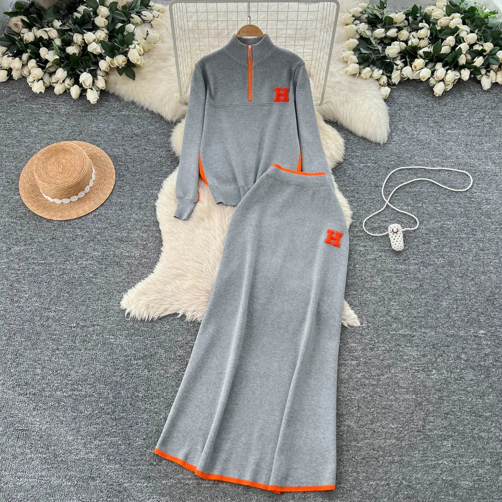 Winter Women's Casual Sets Top And High Waist Floral Printed Knitted Skirts Suit Clothing Wholesale