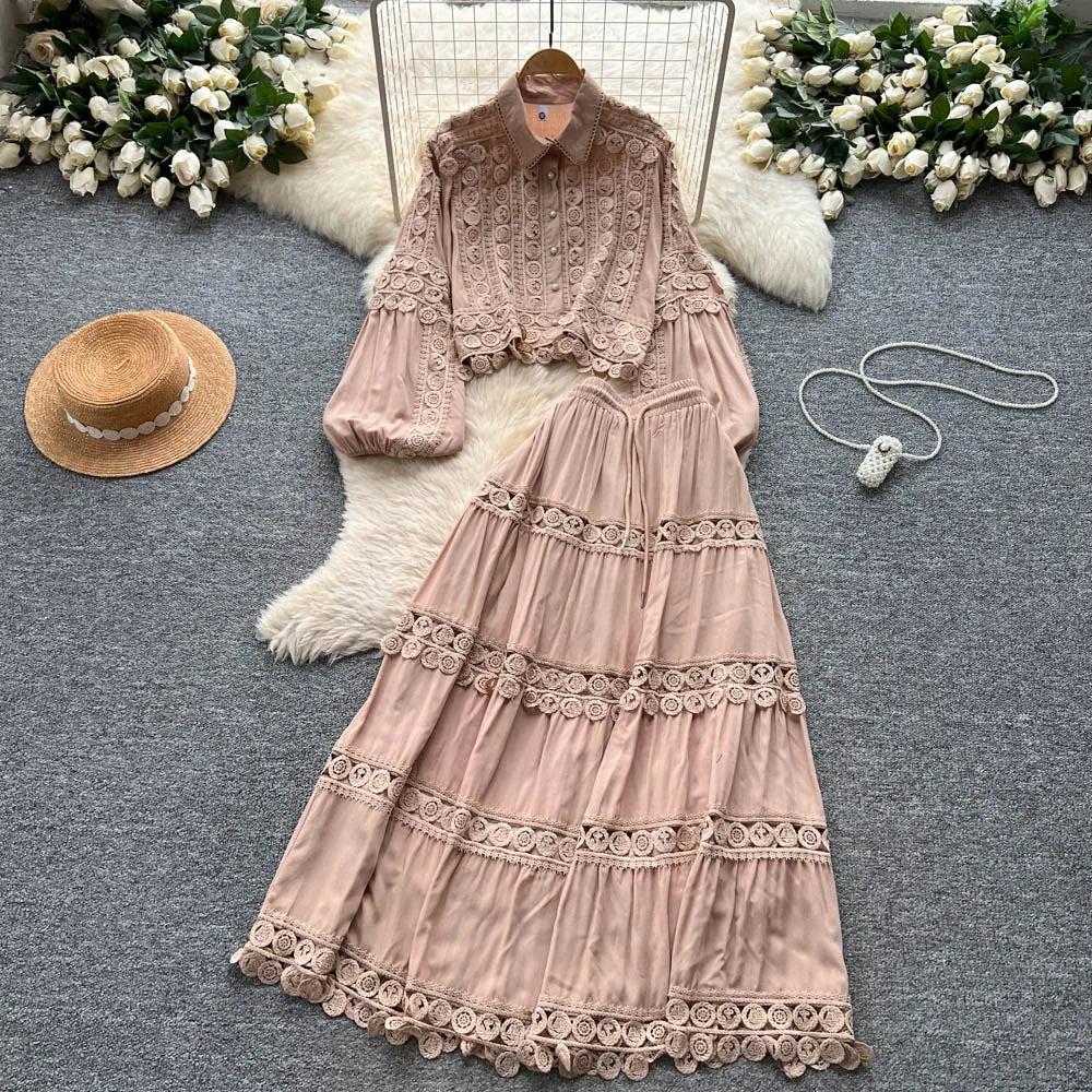 Fall Women's Vintage Sets Lantern Sleeve Crop Top And High Waist Patchwork Lace Skirts Set Clothing Wholesale