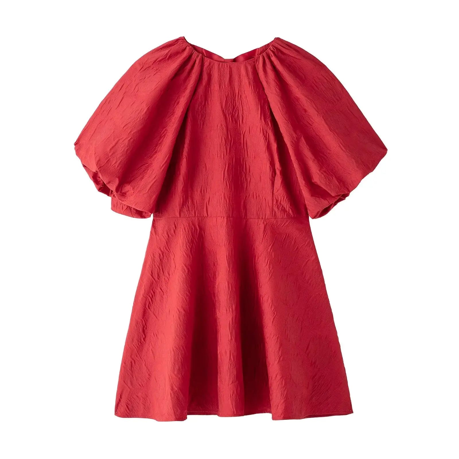 KAR&OT ZA 2025 New Women's Clothing Simple and Fashionable Back Tie Jacquard Tie Loose Bubble Short Sleeve Dress