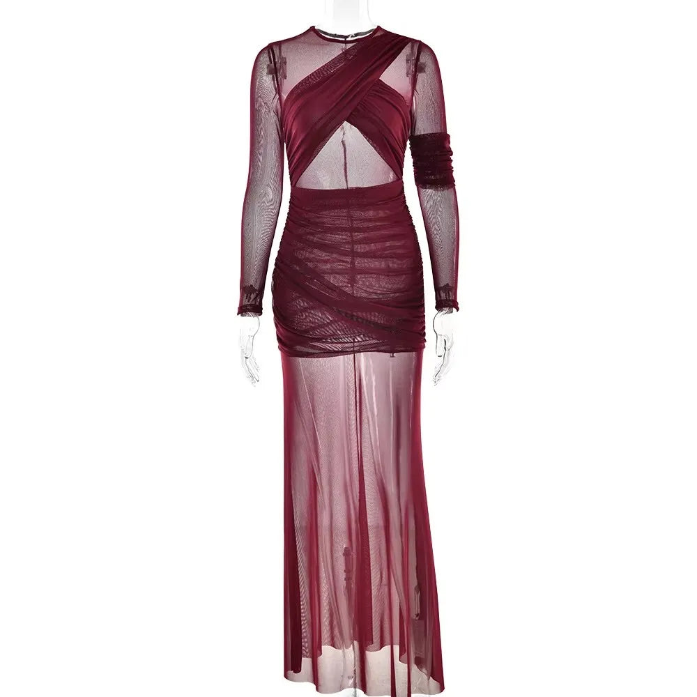Sexy Double Layer Perspective Vestido Autumn Clothing Party Club Evening Dress Elegant Mesh Patchwork Long Sleeve Bodycon